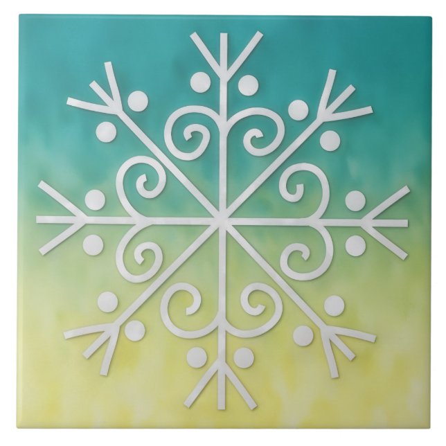 Gold Aqua Ombre Snowflake Winter Holiday Tile Kakelplatta (Framsidan)