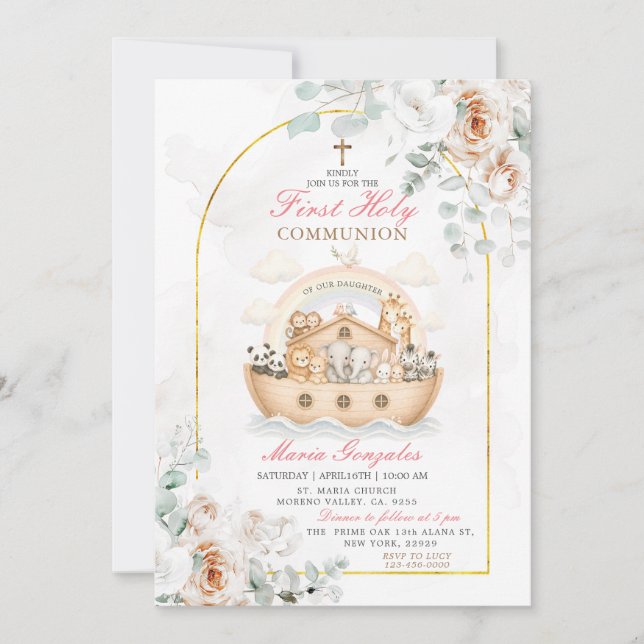Gold Arch Floral Baptism Noah Ark Invitation  Inbjudningar (Framsida)