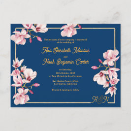 Gold Arch Navy Magnolia Floral Wedding Invitation Vykort