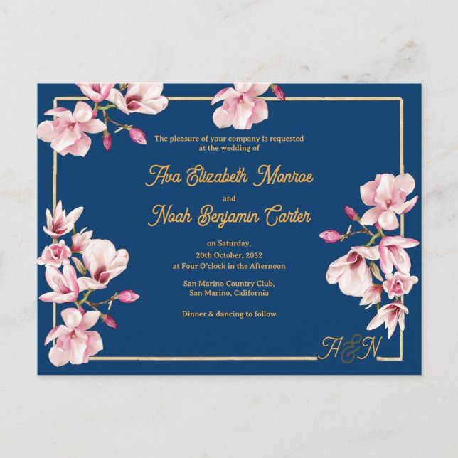 Gold Arch Navy Magnolia Floral Wedding Invitation Vykort (Framsida)