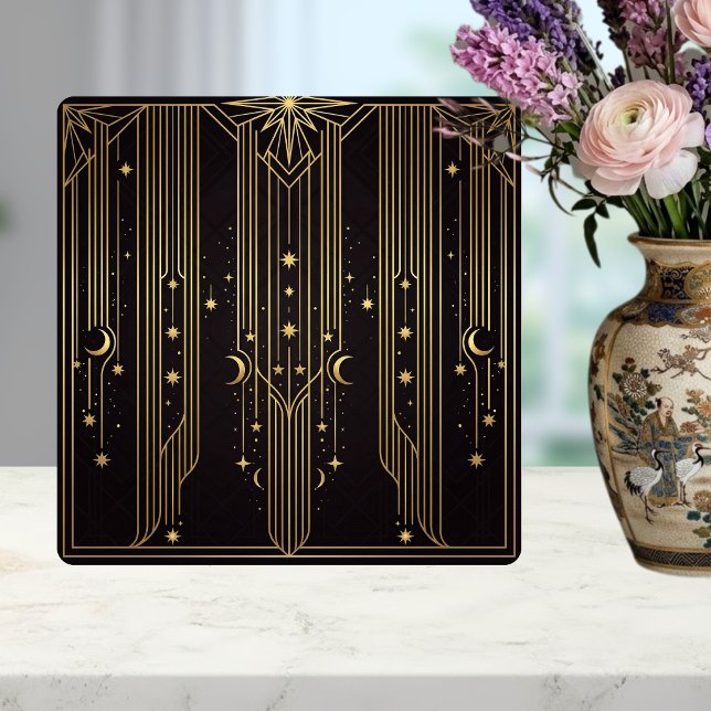 Gold Art Deco Celestial Stars Moons Pattern  Kakelplatta (Skapare uppladdad)