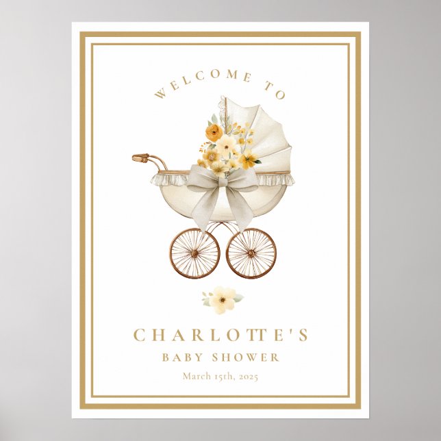 Gold Baby Shower Welcome Poster | Vintage Pram (Framsidan)