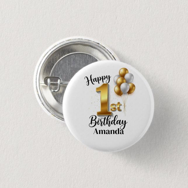 Gold Balloons 1st Birthday Pinback Button Knapp (Framsida & baksida)