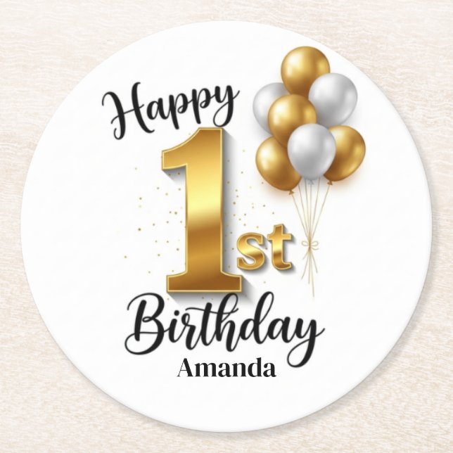 Gold Balloons 1st Birthday Round Paper Coaster Underlägg Papper Rund (Framsidan)
