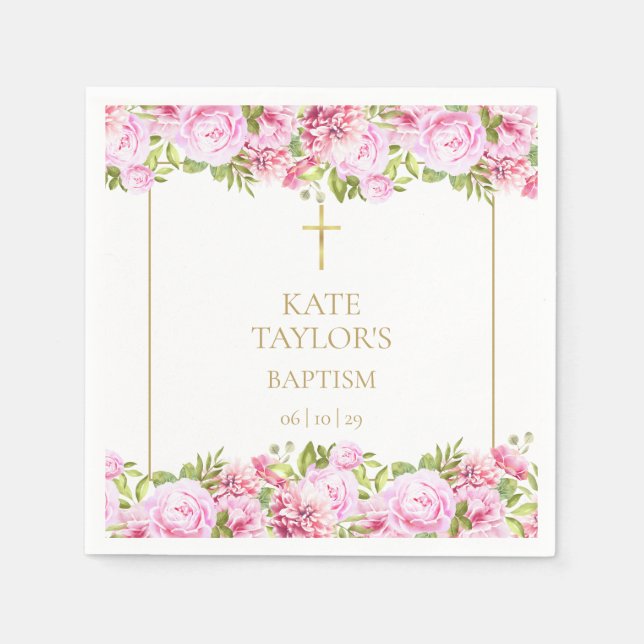 Gold Baptism Christening Pink Roses Floral Pappersservett (Framsidan)