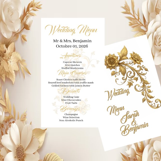 Gold Baroque Floral Script | Elegant Wedding Menu Meny (Skapare uppladdad)