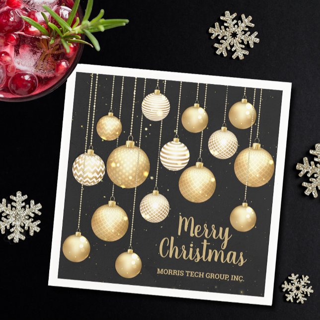 Gold Baubles Christmas Ornaments on Black Party Pappersservett (Gold and white Christmas tree ornaments on black holiday party cocktail napkins)
