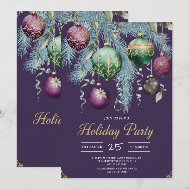Gold Baubles Christmas Tree Party Invitation Inbjudningar (Fram/baksida)