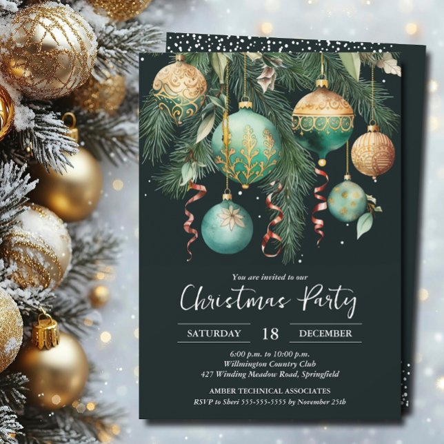 Gold Baubles Christmas Tree Party Invitation Inbjudningar (Gold and green Christmas tree ornaments party invitations PRINTED and/or INSTANT DOWNLOAD)