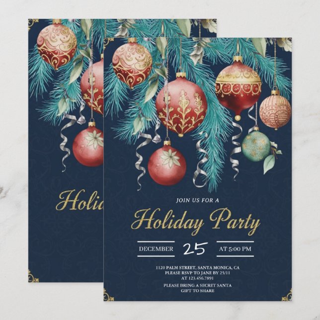 Gold Baubles Christmas Tree Party Invitation Inbjudningar (Fram/baksida)