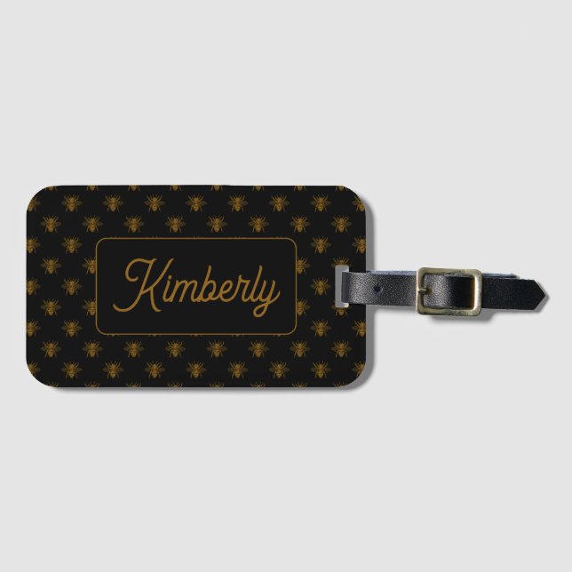 Gold Bee Custom Name Monogram Design Bagagebricka (Framsida horisontal)