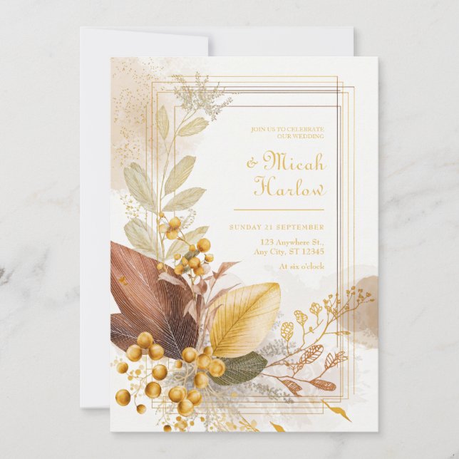 Gold Berry Sienna Leaf Botanical Wedding Inbjudningar (Framsida)