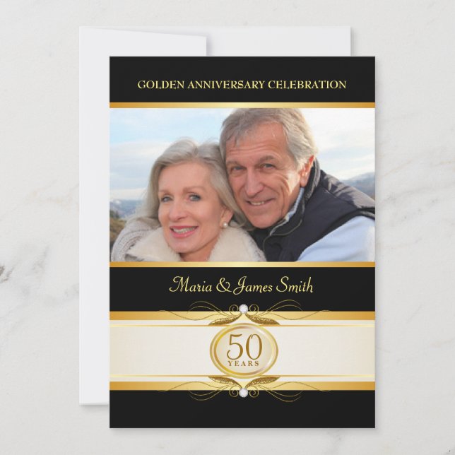 Gold Black 50th Anniversary Monogram-inbjudningar Inbjudningar (Framsida)
