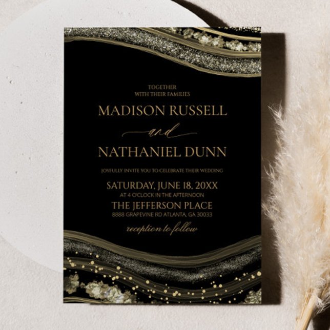 Gold Black Agate Elegant Wedding Inbjudningar (Skapare uppladdad)