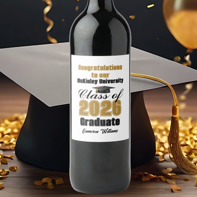 Gold Black Class of 2026 Graduation Party Custom Vinflaska Etikett (Skapare uppladdad)