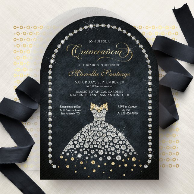 Gold Black Diamonds Elegant Quinceanera Invitation Inbjudningar (Skapare uppladdad)