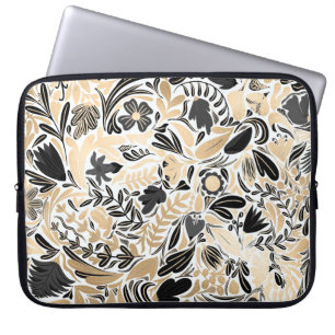 Gold Black Floral Leaves Illustration Pattern Laptop Fodral