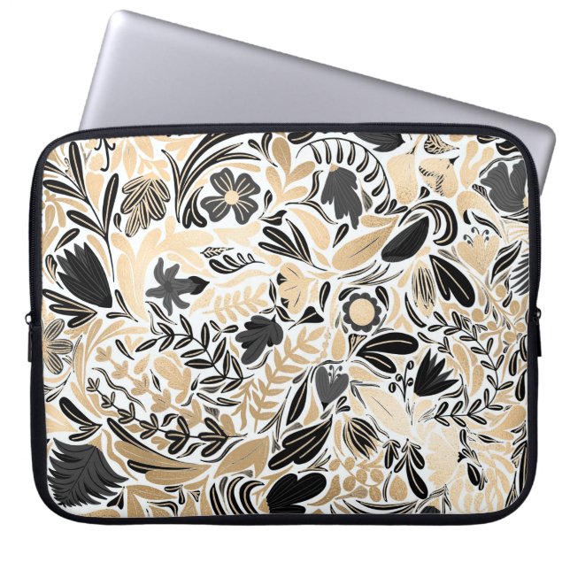 Gold Black Floral Leaves Illustration Pattern Laptop Fodral (Framsidan)
