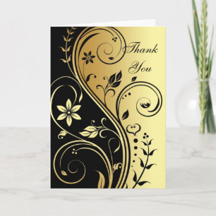 Gold & Black Floral Scroll Elegant Thank You Card Tack Kort