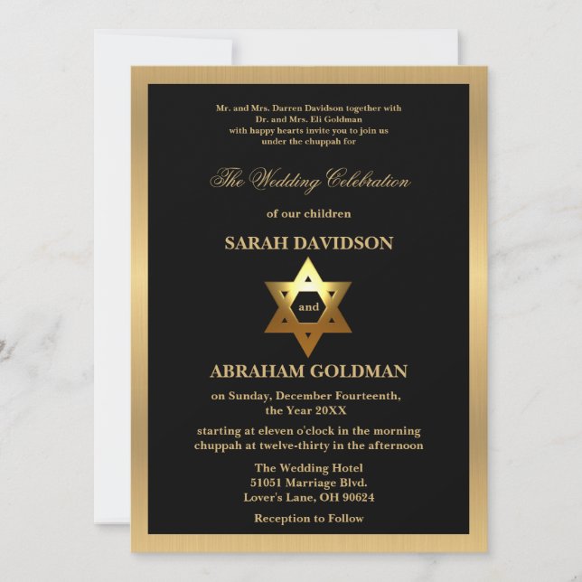 Gold Black Formal Traditional Jewish Wedding Invit Inbjudningar (Framsida)