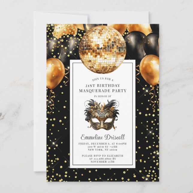 Gold Black Glitter Birthday Masquerade Party Inbjudningar (Framsida)