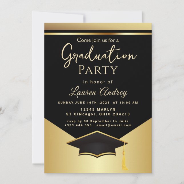 Gold Black Graduation Party Invitation Inbjudningar (Framsida)
