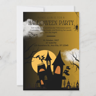 Gold Black Haunted House Halloween Party Inbjudningar