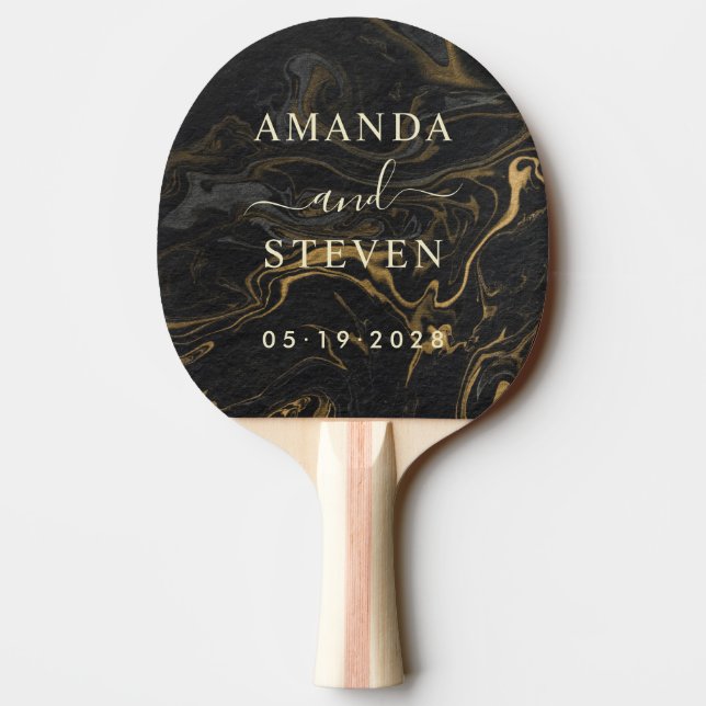 Gold Black Marble Couple Names with Wedding Date Pingisracket (Baksidan)