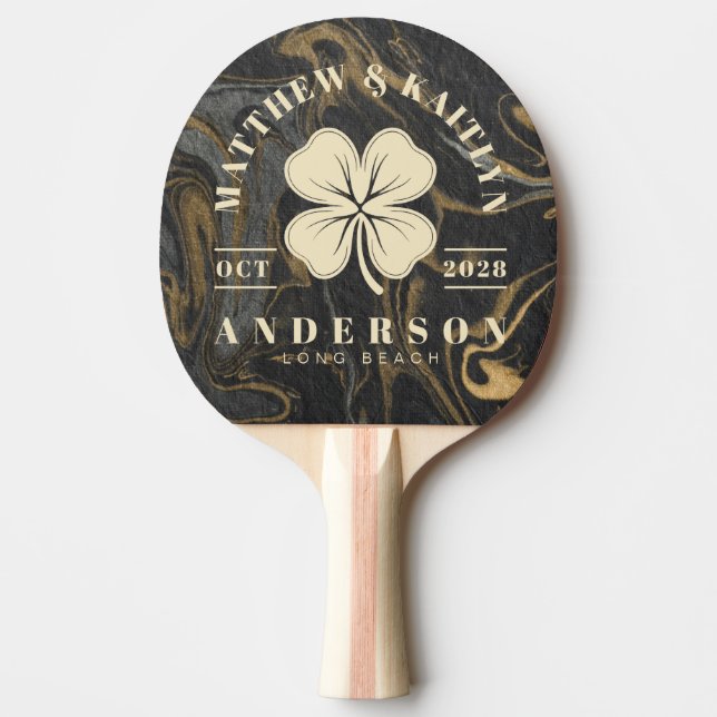 Gold Black Marble Irish Lucky Clover Wedding Crest Pingisracket (Framsidan)