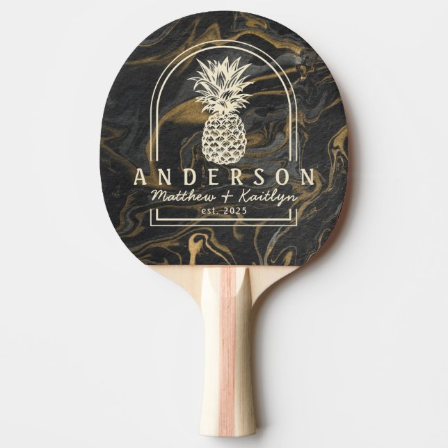 Gold Black Marble Pineapple Wedding Arch & Name Pingisracket (Framsidan)