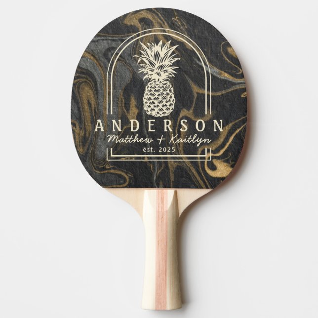 Gold Black Marble Pineapple Wedding Arch & Name Pingisracket (Framsidan)