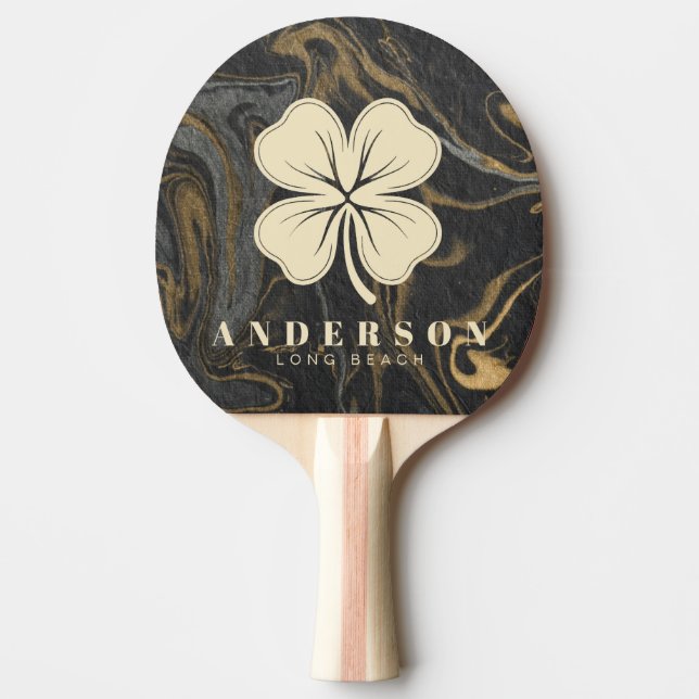 Gold Black Marble Swirl Four Leaf Clover with Name Pingisracket (Framsidan)