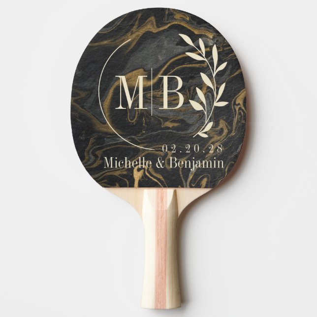 Gold Black Marble Swirl Leaf Wedding Monogram Pingisracket (Framsidan)
