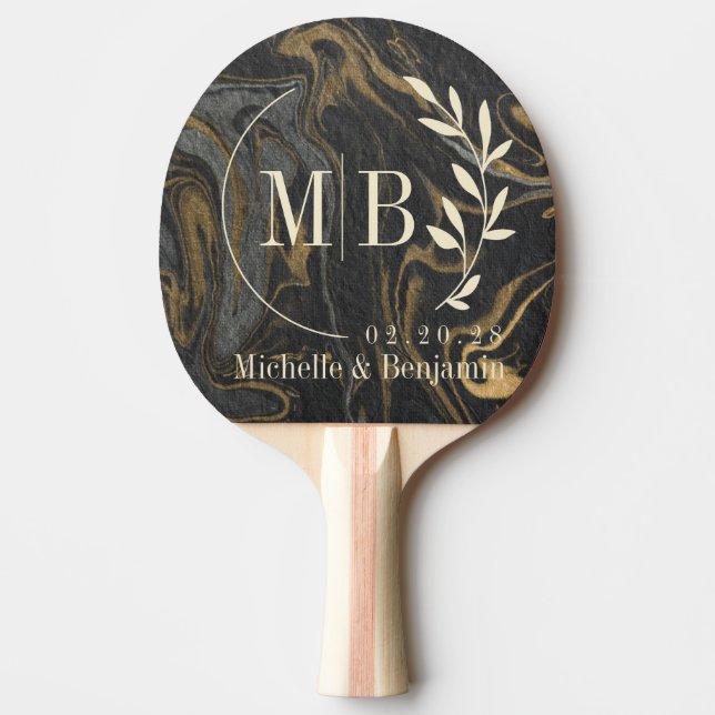 Gold Black Marble Swirl Leaf Wedding Monogram Pingisracket (Framsidan)