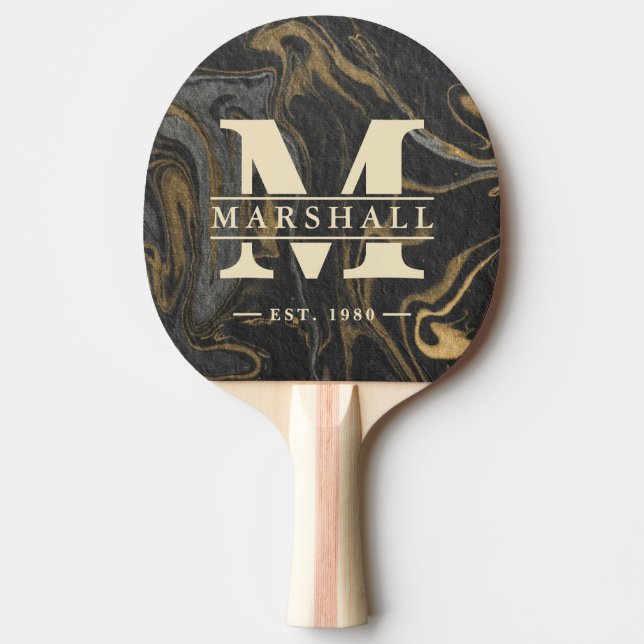 Gold Black Marble Swirl Monogram & Name Overlay Pingisracket (Framsidan)
