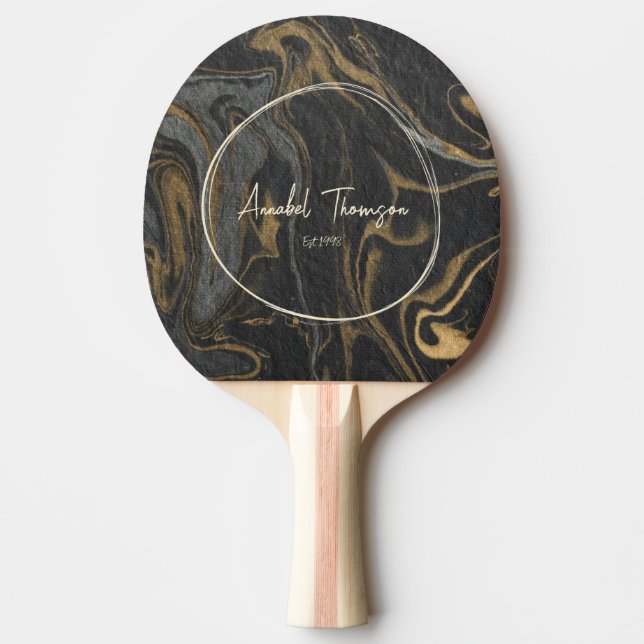 Gold Black Marble Swirl Name in Drawn Circle  Pingisracket (Framsidan)