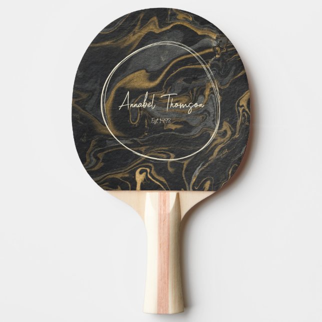 Gold Black Marble Swirl Name in Drawn Circle  Pingisracket (Framsidan)