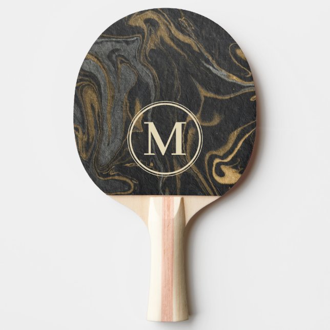 Gold Black Marble Swirl Stone Monogram Pingisracket (Framsidan)