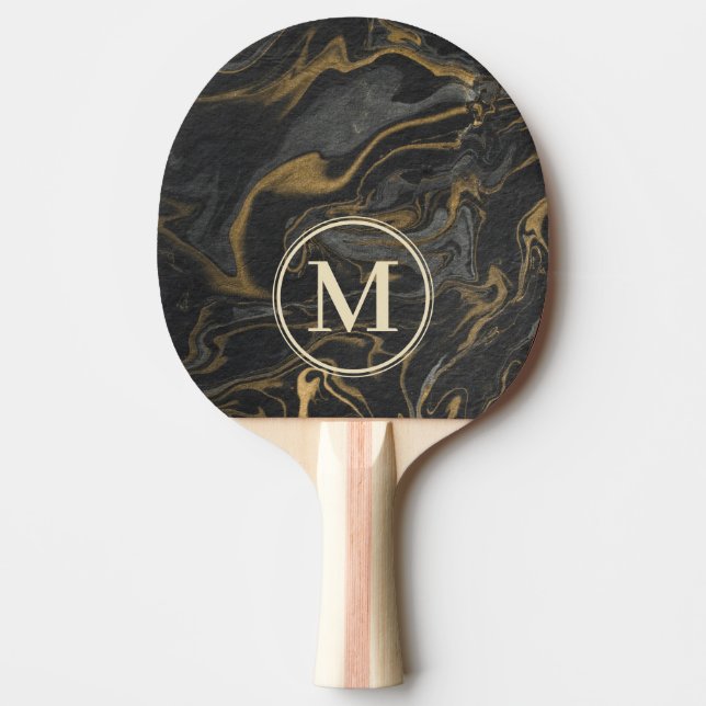Gold Black Marble Swirl Stone Monogram Pingisracket (Framsidan)