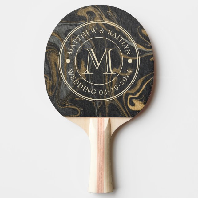 Gold Black Marble Swirl Stone Wedding Monogram Pingisracket (Framsidan)