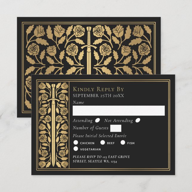 Gold Black Medieval Sword Wedding RSVP OSA Kort (Fram/baksida)
