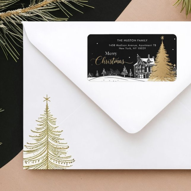 Gold & Black Merry Christmas Return Address Label Adressetikett (Skapare uppladdad)