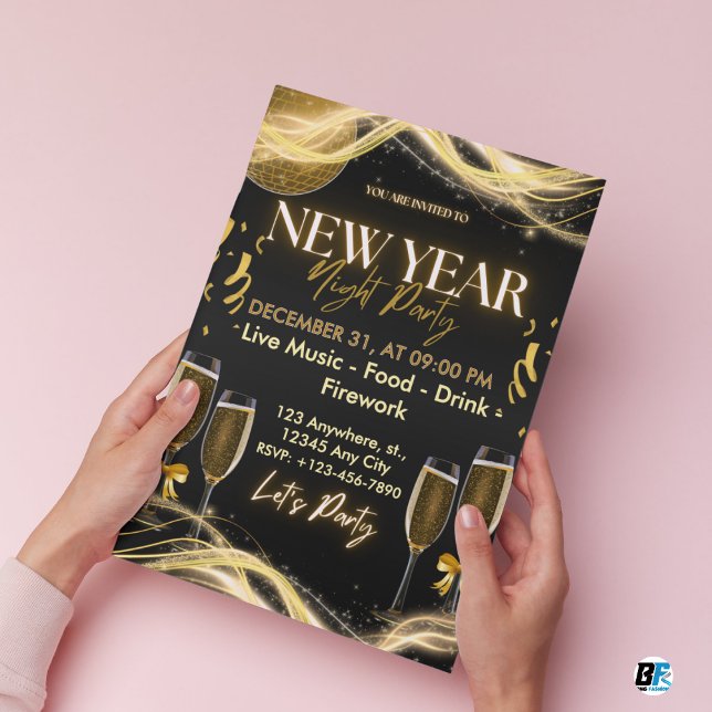 Gold & Black Modern  New Year Night Party Inbjudningar (New Year Party Invitation)