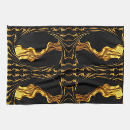 Gold Black Monochrome Design Opulent Swirl Liquid  Kökshandduk