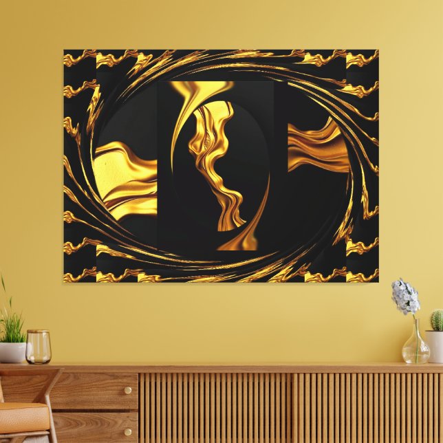 Gold Black Monochrome - Opulent Swirl Liquid Gold  Canvastryck (Insitu (Vardagsrum))