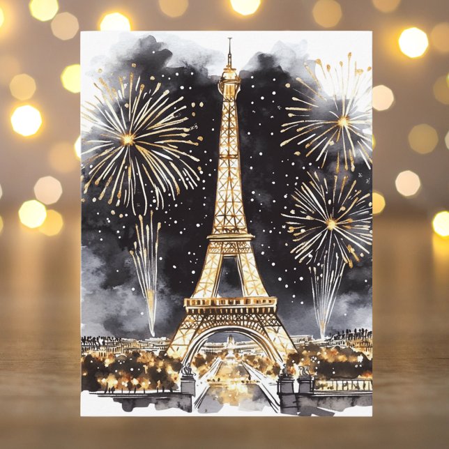 Gold Black Paris Eiffel Tower Happy New Year Helg Vykort (Skapare uppladdad)