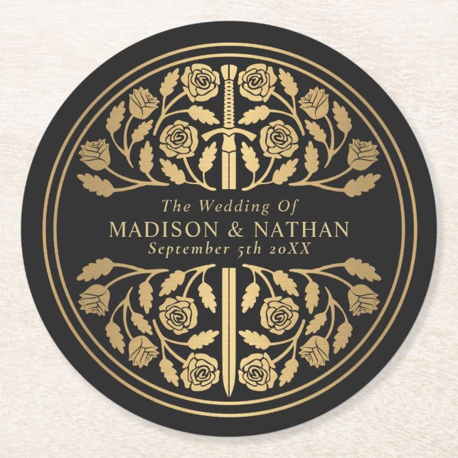 Gold Black Royal Medieval Sword Wedding Underlägg Papper Rund (Framsidan)