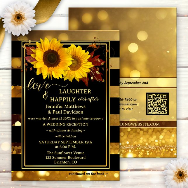 Gold Black Sunflower Happily Ever After Wedding Inbjudningar (Happily ever after wedding invitation featuring sunflowers and autumn leaves on chic black)