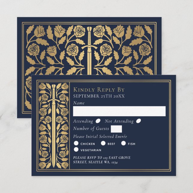 Gold Blue Medieval Sword Wedding RSVP OSA Kort (Fram/baksida)