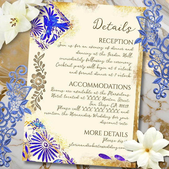 Gold Blue Mexican Baroque Hummingbird Wedding Encl Tilläggskort (Elegant Baroque details with cobalt and gold accents bring this Mexican-inspired card to life.)